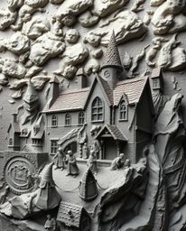 A captivating clay sculpture depicts a magical school brimming with young wizards, set against a dramatic backdrop of stormy 