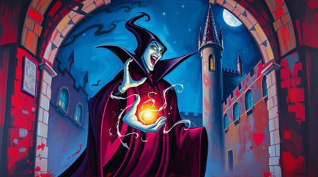 A bold acrylic painting depicting a classic Disney villain casting a spell within the confines of an old castle. The artwork 