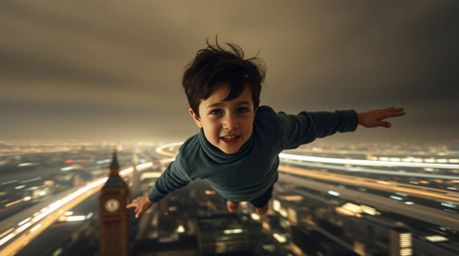 A captivating long exposure photograph, rendered in a moody style with low contrast, showcases a young boy with dark hair see