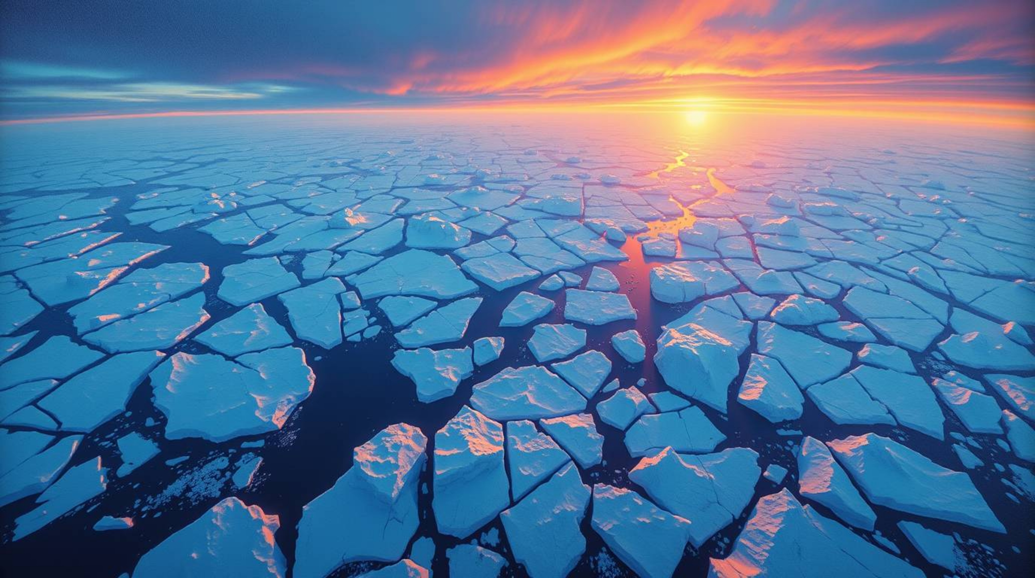 Experience the serene beauty of a polar sunset over icy glaciers in this cool-colored overhead painting. This artwork capture