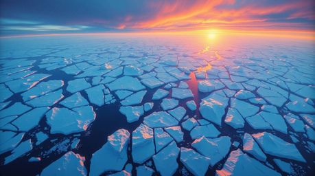 Experience the serene beauty of a polar sunset over icy glaciers in this cool-colored overhead painting. This artwork capture