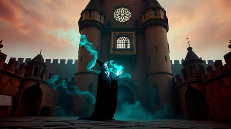 A captivating fine art photograph showcases a classic Disney villain casting a spell within the ancient walls of a castle.  T
