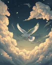 A captivating Isekai anime-style illustration depicts a dove carrying an olive branch amidst stormy skies.  This vibrant imag