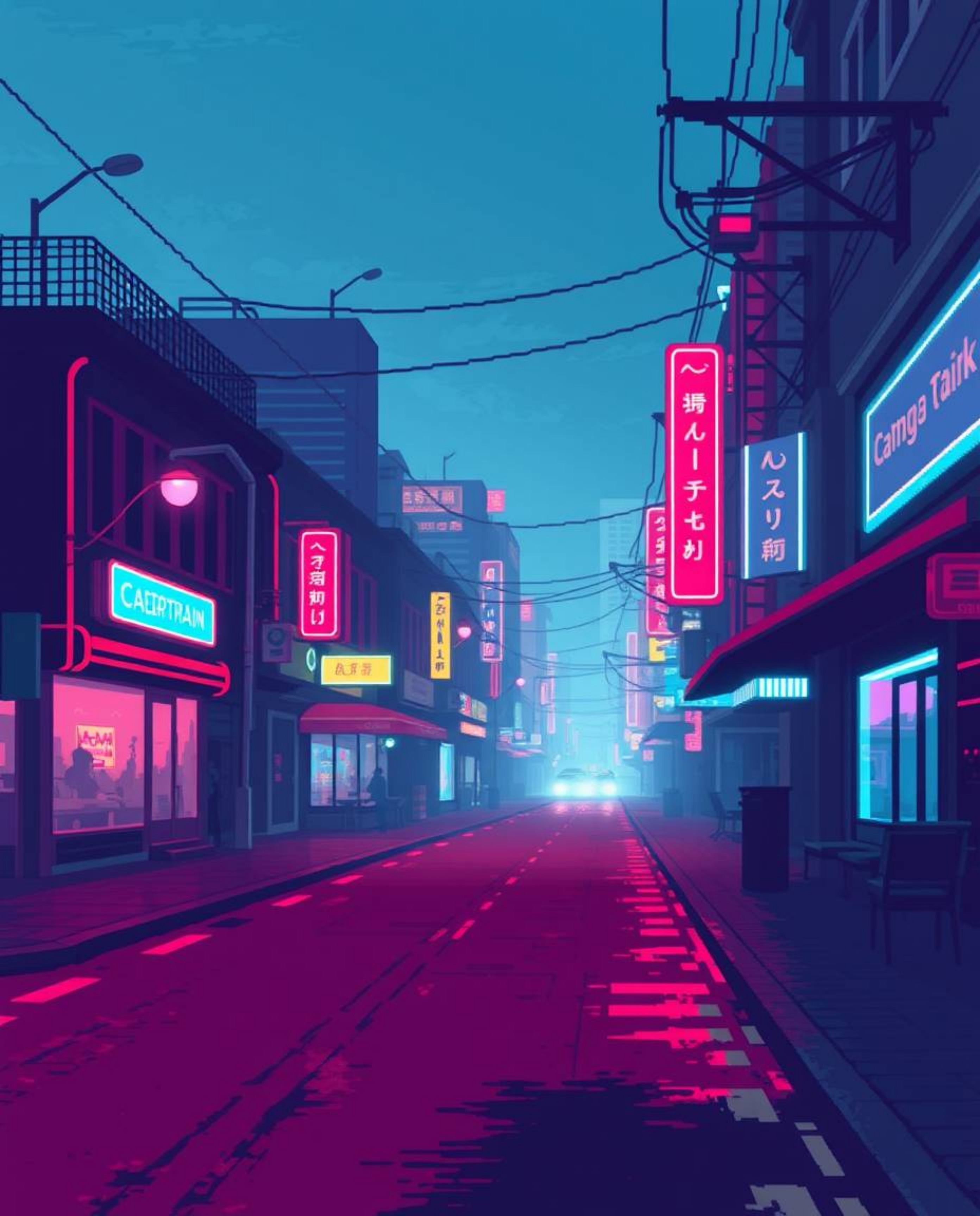 Discover a captivating pixelated glitch image depicting a cyberpunk street scene bathed in rich burgundy and deep blue neon h