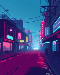 Discover a captivating pixelated glitch image depicting a cyberpunk street scene bathed in rich burgundy and deep blue neon h