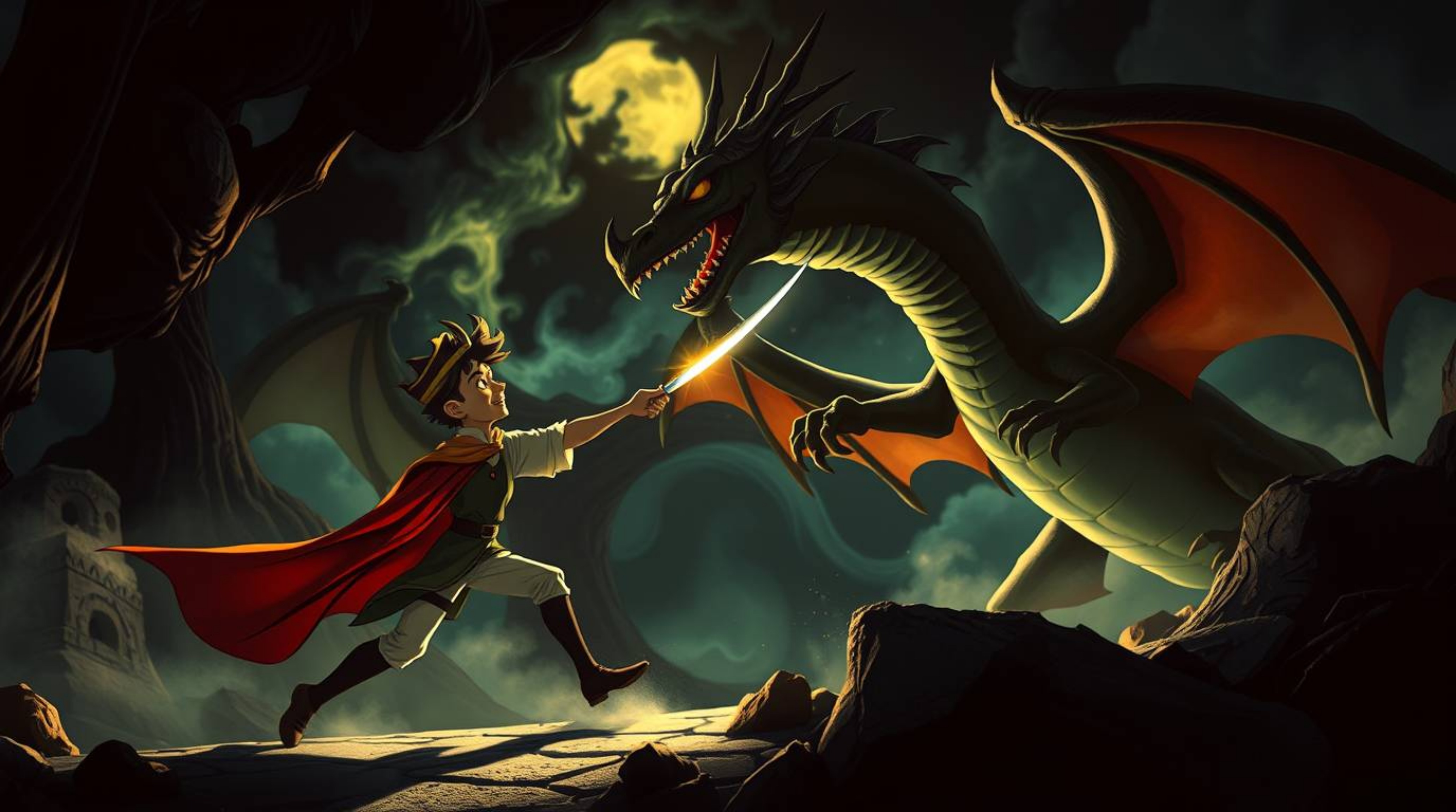 Explore a dreamlike world where a charming prince battles a fearsome dragon in the vibrant style of 1950s animation. This pie