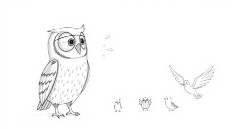A heartwarming hand-drawn sketch in the style of Pixar depicts a blind owl with large, expressive eyes, patiently teaching a 
