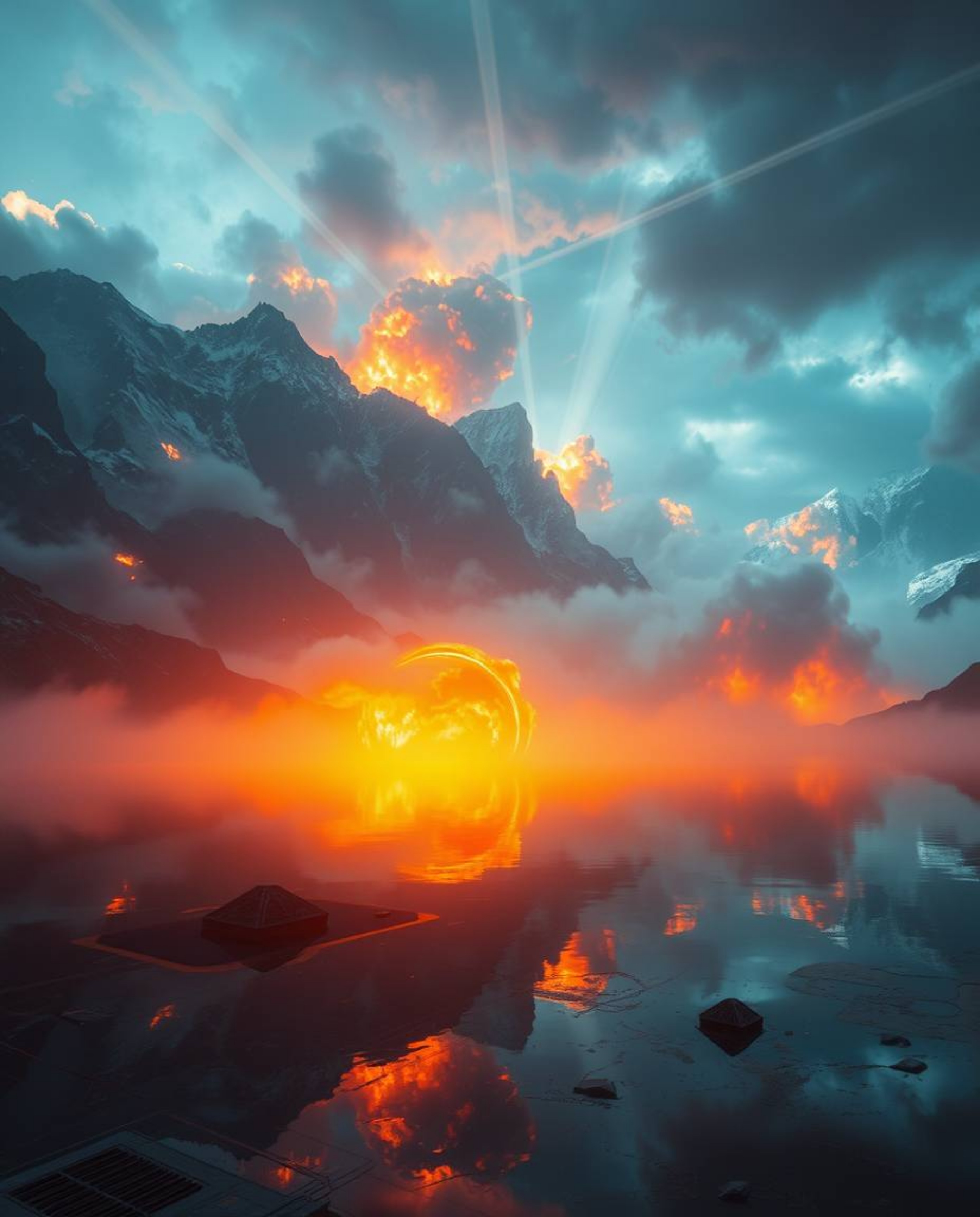 A futuristic sci-fi scene features dramatic volumetric lighting illuminating the stunning reflections of fiery clouds in a mo