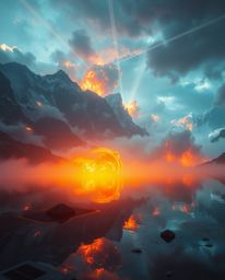 A futuristic sci-fi scene features dramatic volumetric lighting illuminating the stunning reflections of fiery clouds in a mo