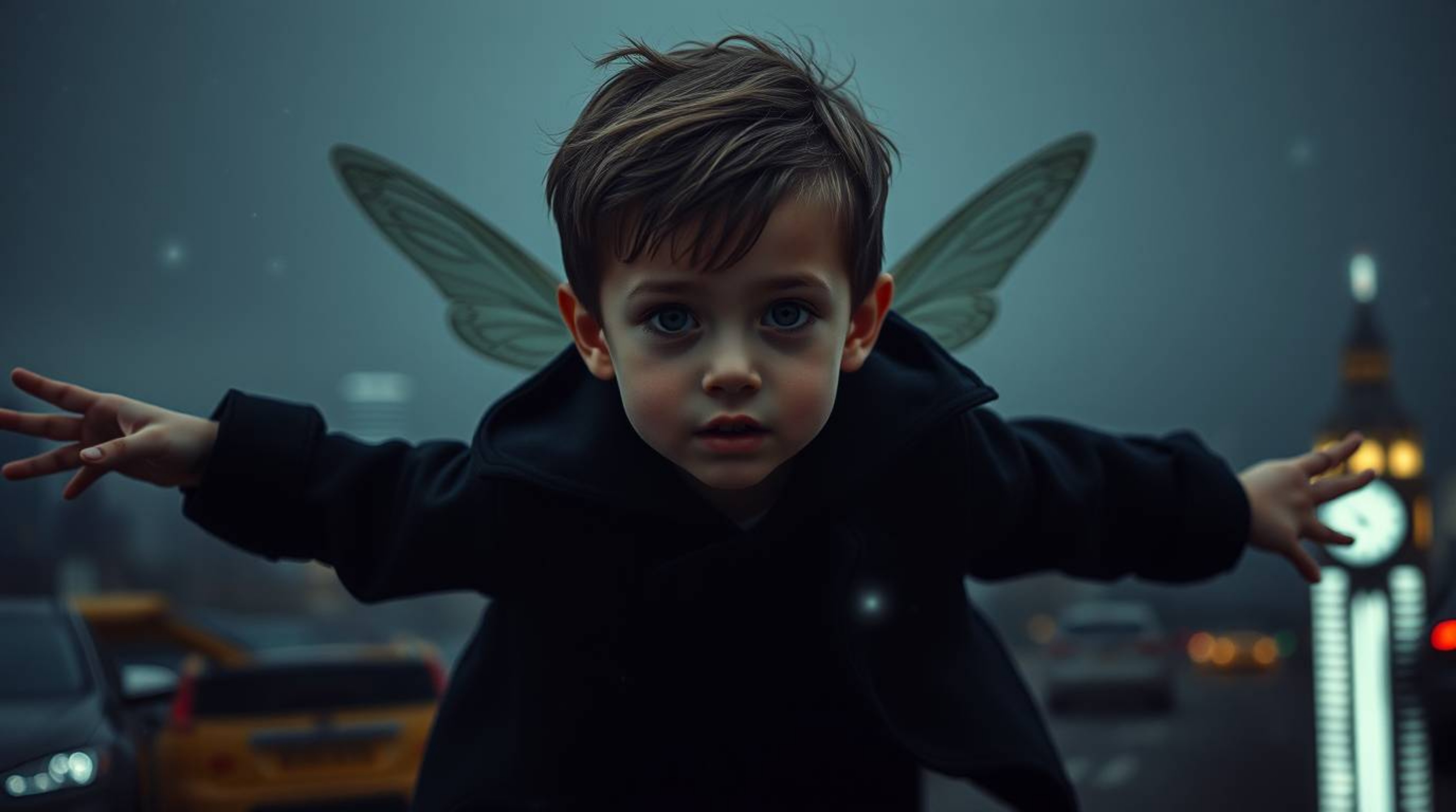 A young boy with delicate features soars above a dark and mysterious London landscape, powered by magical pixie dust. This im