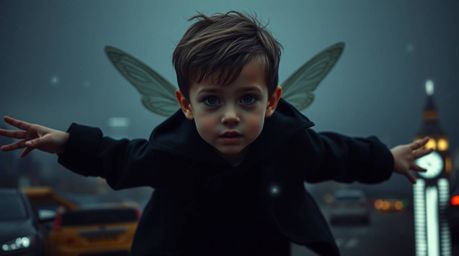 A young boy with delicate features soars above a dark and mysterious London landscape, powered by magical pixie dust. This im