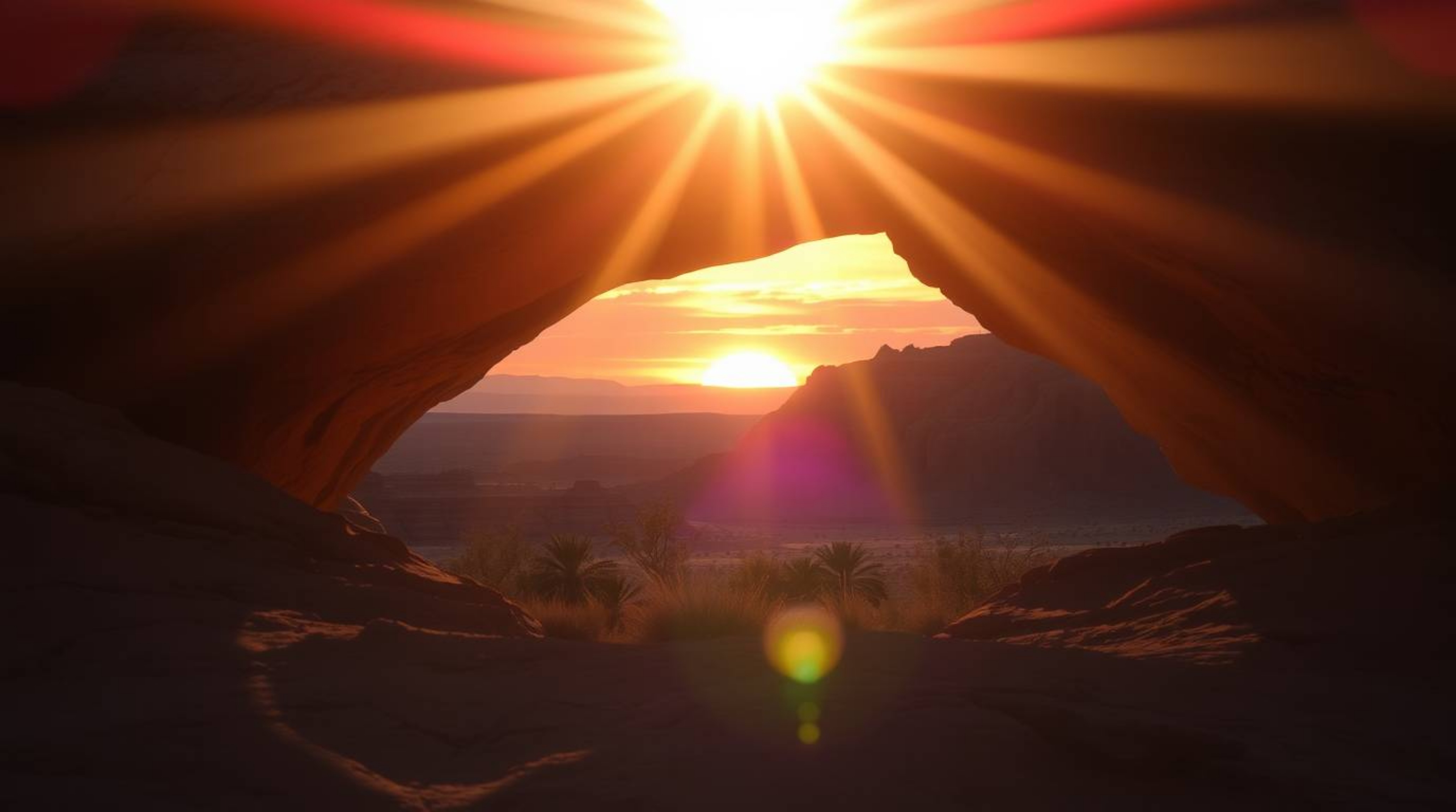 Capture the ethereal beauty of a desert sunset framed by a natural rock arch. This photograph showcases vibrant colors, brigh