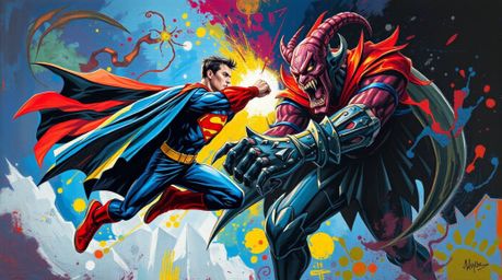 This artwork captures a dynamic clash between a bold, cape-clad superhero and a silly villain in a vibrant acrylic painting. 
