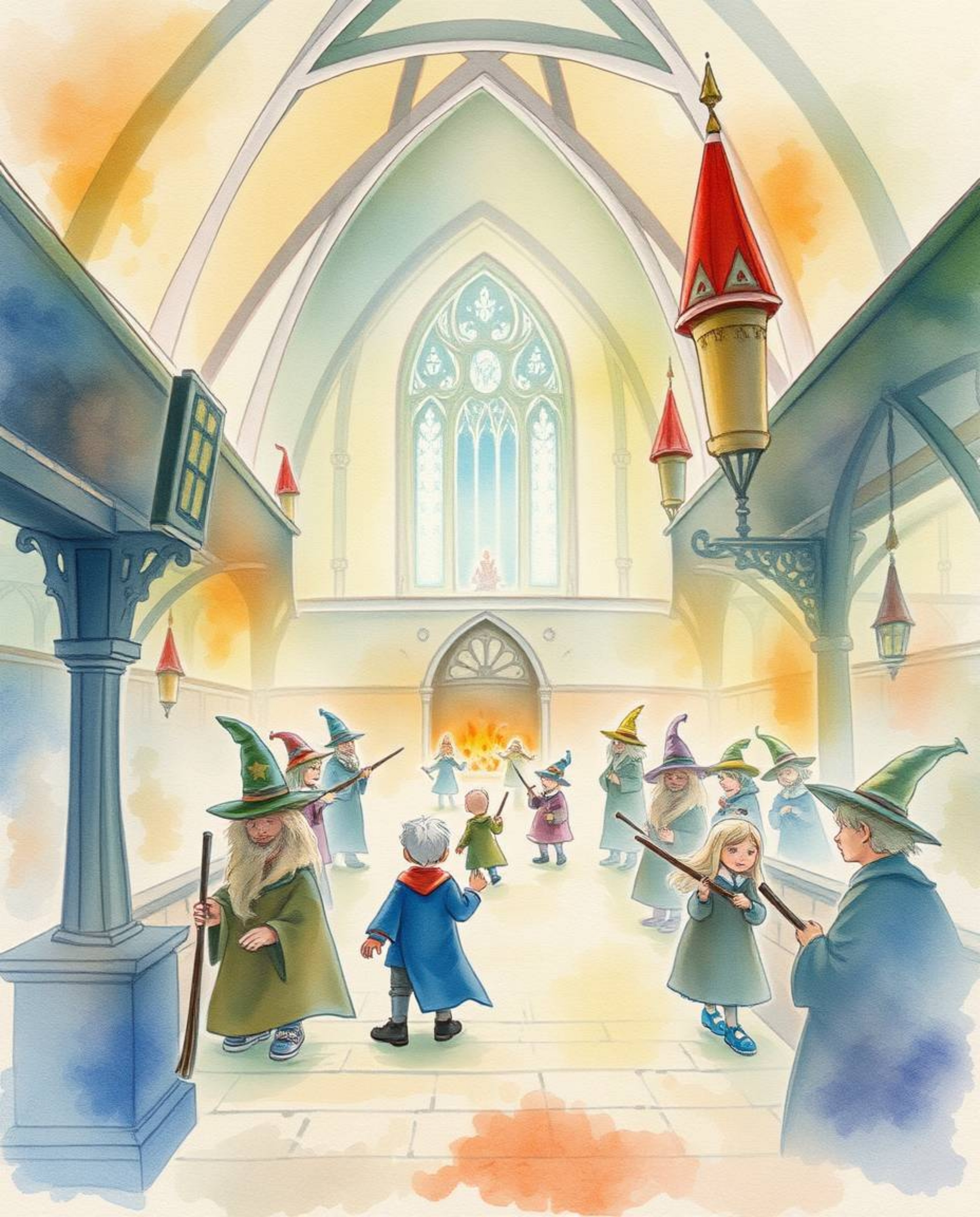 A delicate watercolor painting depicting a magical school brimming with young wizards. Utilizing translucent washes and fluid