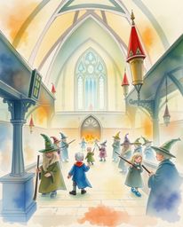 A delicate watercolor painting depicting a magical school brimming with young wizards. Utilizing translucent washes and fluid