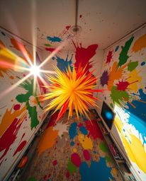 Experience a room in dynamic chaos with this high-angle perspective artwork. Paint explodes in distinct splits, creating bold