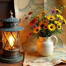 A captivating still life composition featuring a distressed, bronze-toned lantern with verdigris accents, resting on a woven 