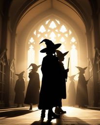Discover captivating images of young wizards silhouetted against the backdrop of a graceful magical school. The soft, ethere
