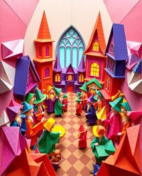 Explore a vibrant, origami-style depiction of a magical school teeming with energetic young wizards. This intricate piece fea