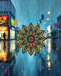 This collection features classic oil paintings depicting wet, rainy scenes interwoven with geometric floral mandalas.  The ar