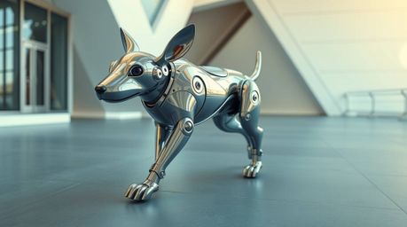 A stunning image of a futuristic chrome dog autonomously walking in space.  Photographed in vivid electric colors, this image