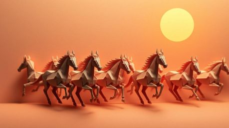 Witness a breathtaking scene of a wild horse herd galloping under a vibrant, glowing sky, rendered in intricate origami style