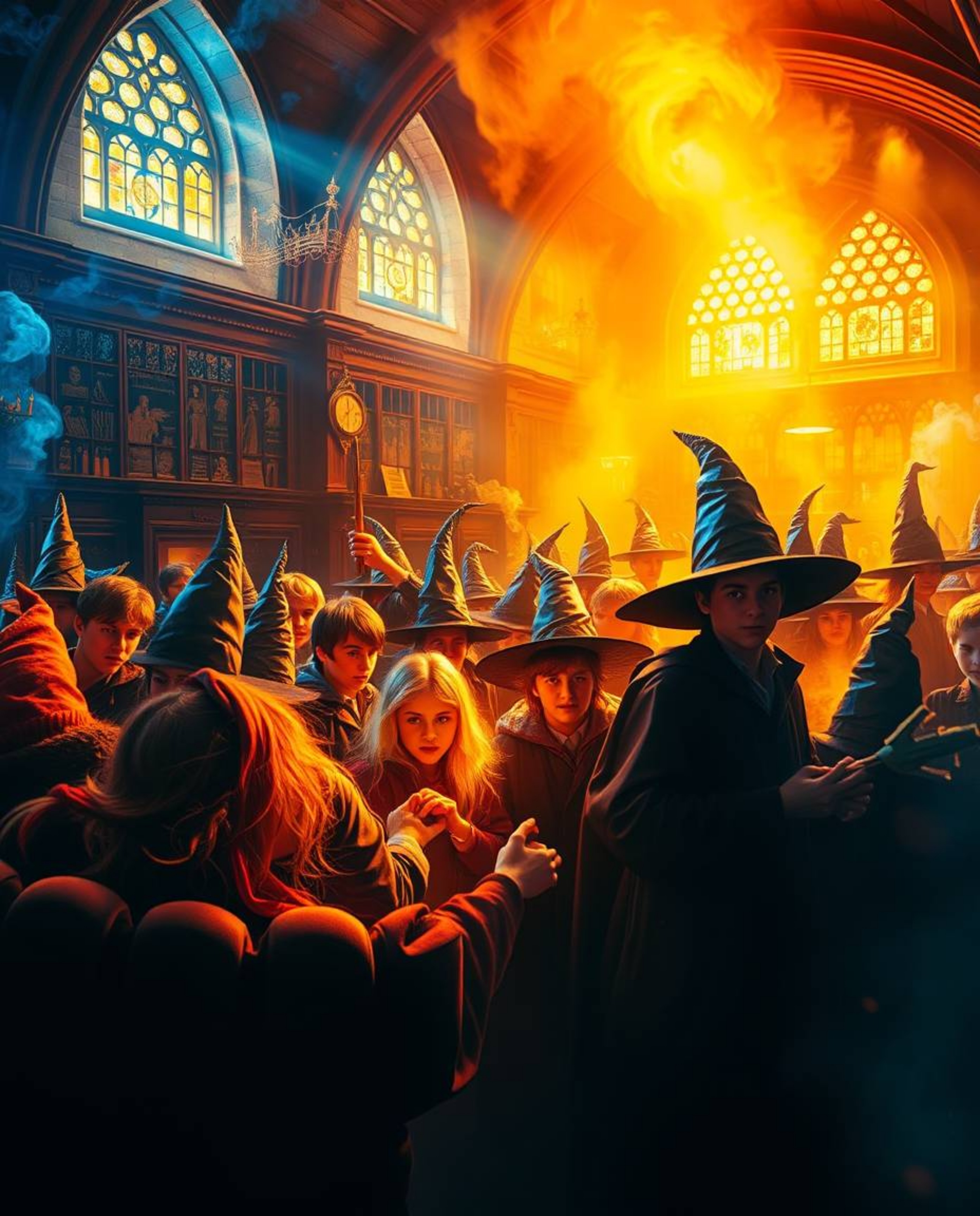 Immerse yourself in a captivating scene of a magical school teeming with young, energetic wizards.  The high-contrast, dramat