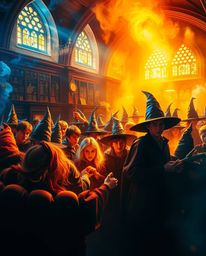 Immerse yourself in a captivating scene of a magical school teeming with young, energetic wizards.  The high-contrast, dramat