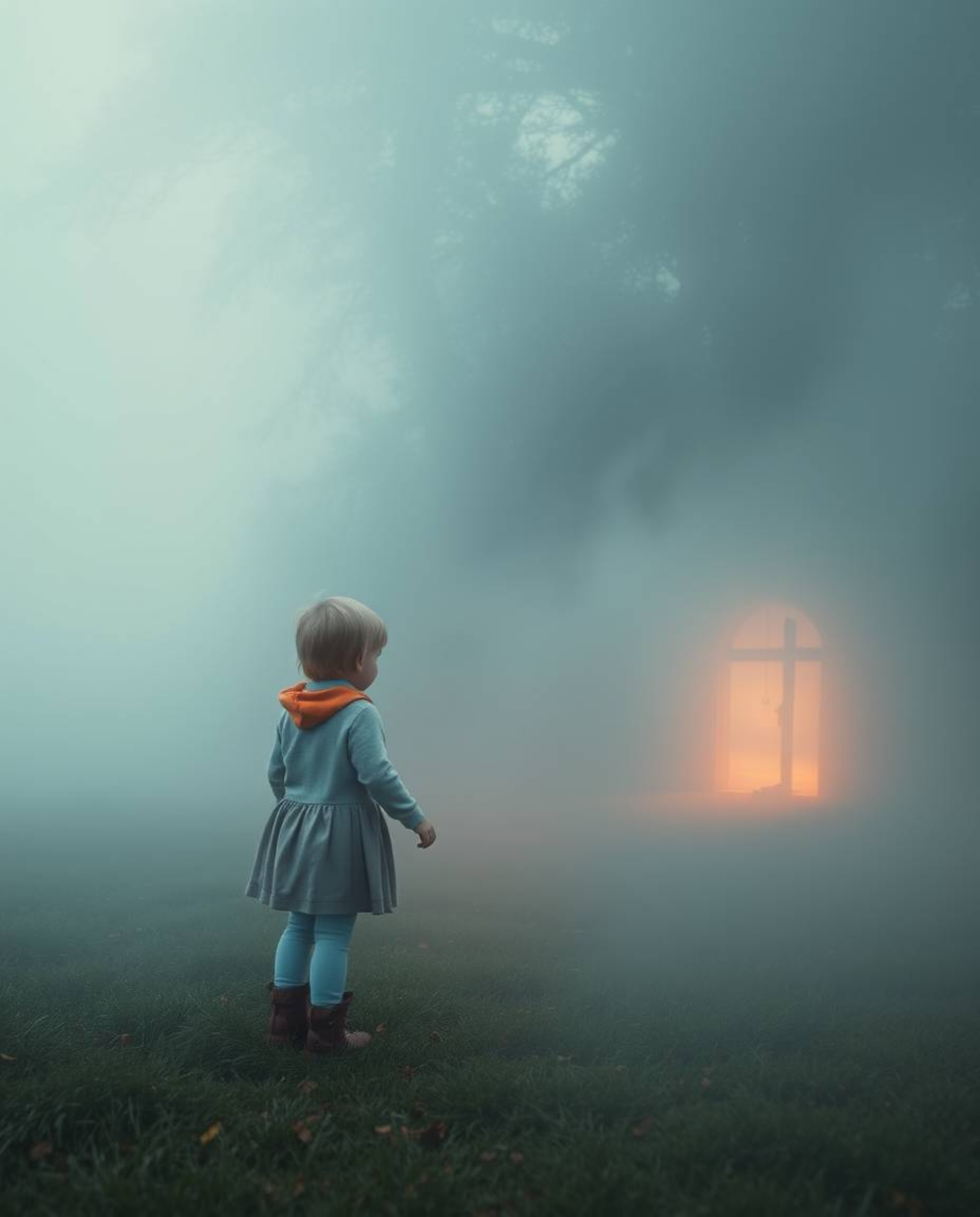 A pale child stumbles upon a mystical portal hidden in their foggy backyard.  This captivating scene, perfect for Instagram, 