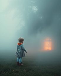 A pale child stumbles upon a mystical portal hidden in their foggy backyard. This captivating scene, perfect for Instagram,