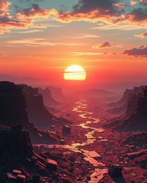 A captivating image depicting a futuristic sci-fi sunrise over a war-torn landscape. Iridescent colors and reflections create