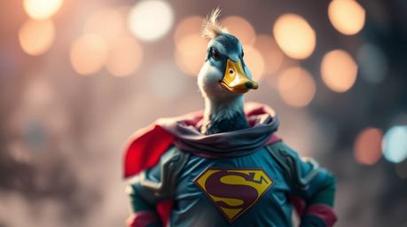 A whimsical image featuring a duck adorned in a zany superhero costume, set against a beautifully blurred bokeh background.  