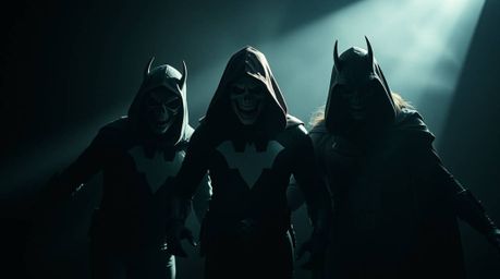 A captivating fine art photograph depicts a team of misfit heroes, united despite their differences.  The strong, hard light 