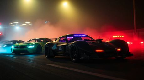 Experience a breathtaking cinematic racing scene featuring outlandish cars under dramatic lighting with glowing bioluminescen