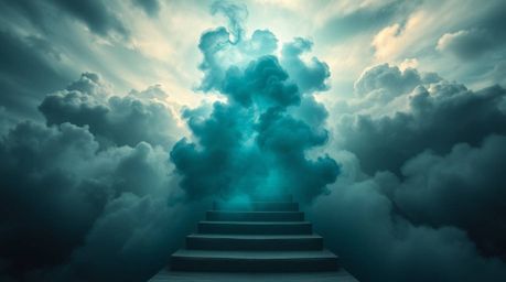A winding stairway of smoke and light ascends into a vast, cloudy sky, symbolizing the journey to the unknown. The intense, d