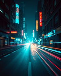 Immerse yourself in a rich, deep teal-toned cyberpunk street scene captured through long exposure photography. This image sho