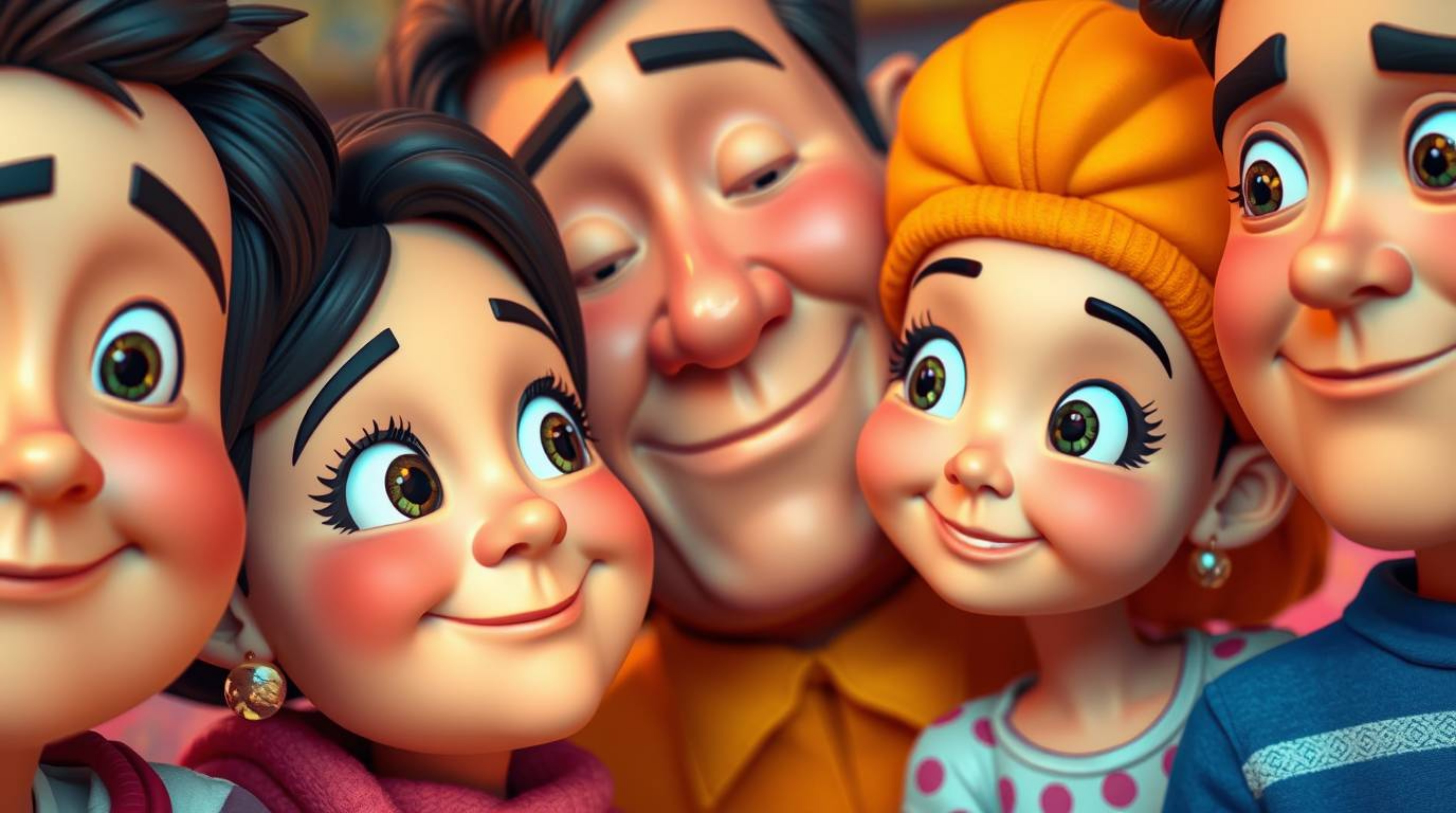 Experience an extreme macro close-up of a Pixar-style family reunion, rendered in electric vivid colors. This heartwarming sc