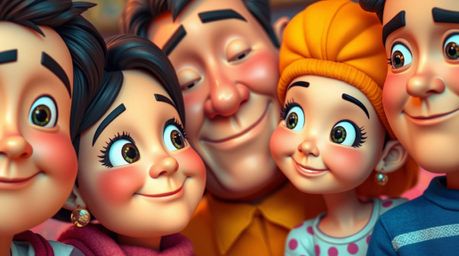 Experience an extreme macro close-up of a Pixar-style family reunion, rendered in electric vivid colors. This heartwarming sc