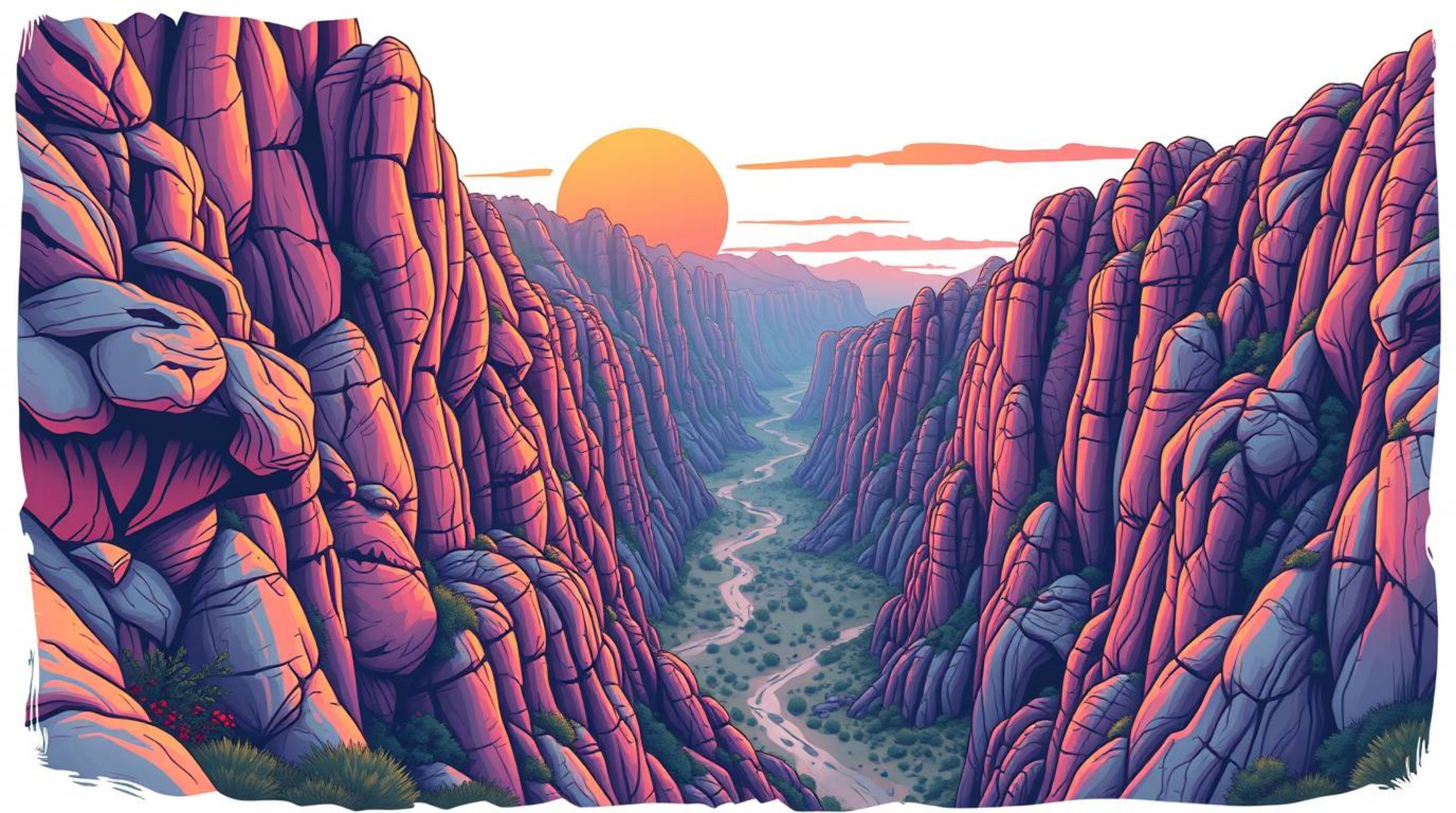 A captivating image of a rocky canyon drenched in the warm glow of a sunset, rendered in a symbolic traditional tattoo art st