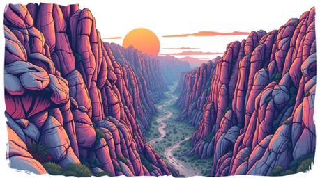 A captivating image of a rocky canyon drenched in the warm glow of a sunset, rendered in a symbolic traditional tattoo art st