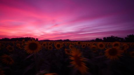 A captivating long exposure photograph depicts a sunflower field bathed in the eerie glow of a deep red and purple twilight s