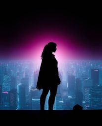 Experience a captivating visual journey into a futuristic city distorted by glitch effects.  Silhouetted figures are bathed i