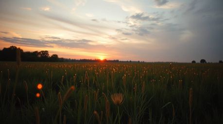 Capture the magic of a tranquil sunset over a quiet meadow, where fireflies begin to twinkle and dance in the fading light. T
