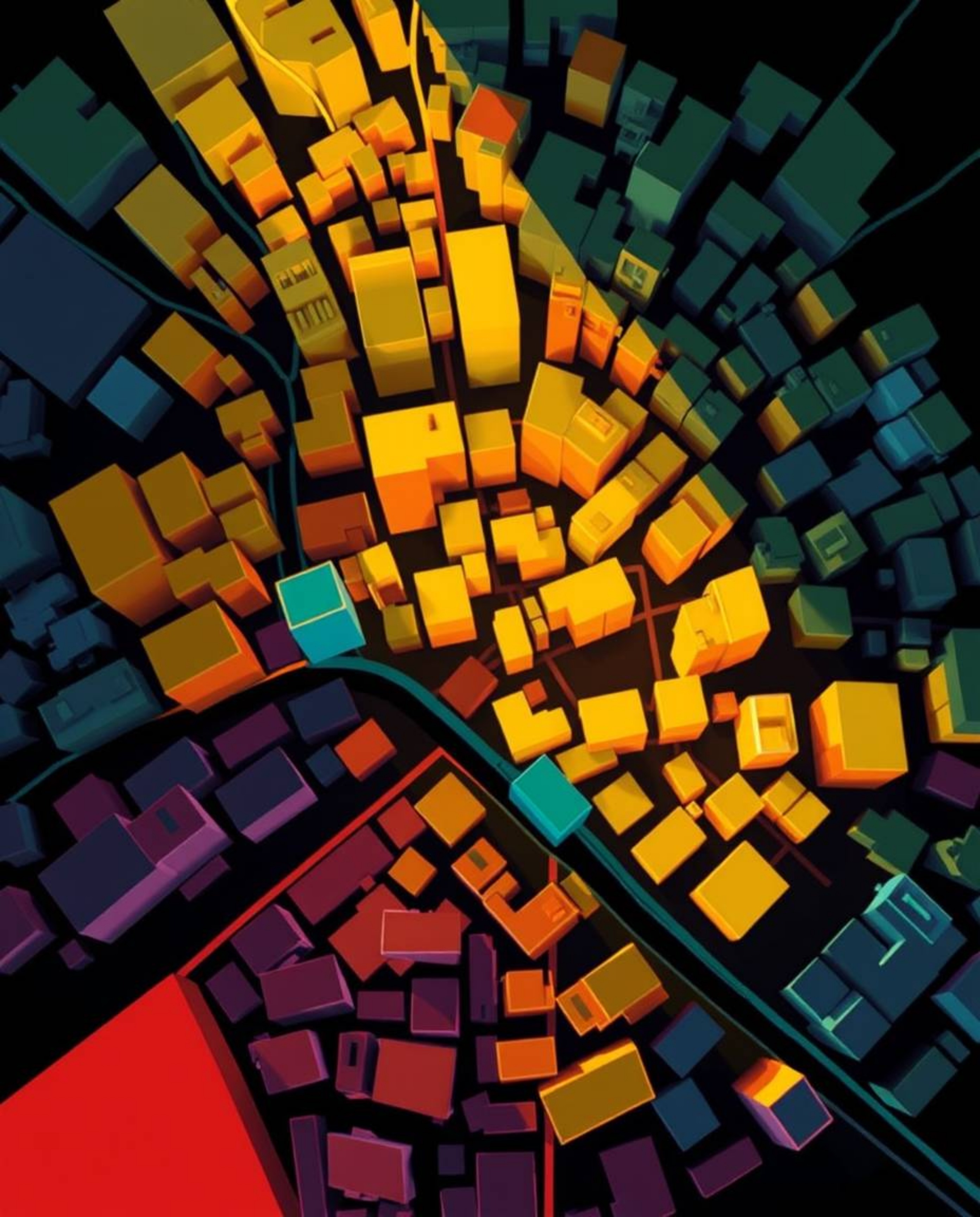 A captivating abstract city map composed of vibrant geometric shapes, viewed from above.  The image showcases strong contrast