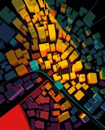 A captivating abstract city map composed of vibrant geometric shapes, viewed from above.  The image showcases strong contrast