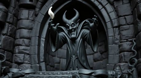 This artwork depicts a classic Disney villain in a sculptural clay form, casting a spell within the confines of an old castle