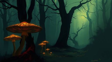 A captivating digital sketch in a cinematic style portrays a vintage enchanted forest teeming with glowing mushrooms. Loose p