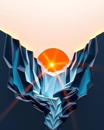An intricate origami style image of a sun setting behind a dramatic waterfall, featuring a bright lens flare, light streaks, 