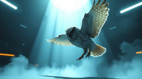 A captivating futuristic sci-fi scene showcases a blind owl in a Pixar-inspired style, illuminated by dramatic volumetric lig