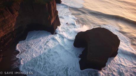 A captivating high-angle view captures the dramatic beauty of waves crashing against rugged cliffs during a breathtaking suns